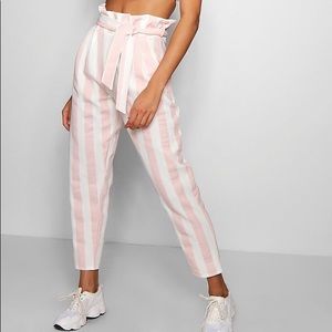 Boohoo Pink & White Striped Paperbag Pants, Size 4